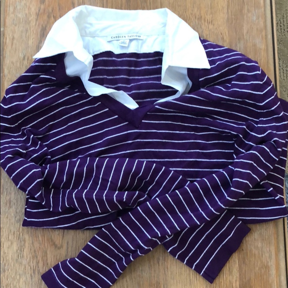 A white collar purple striped sweater